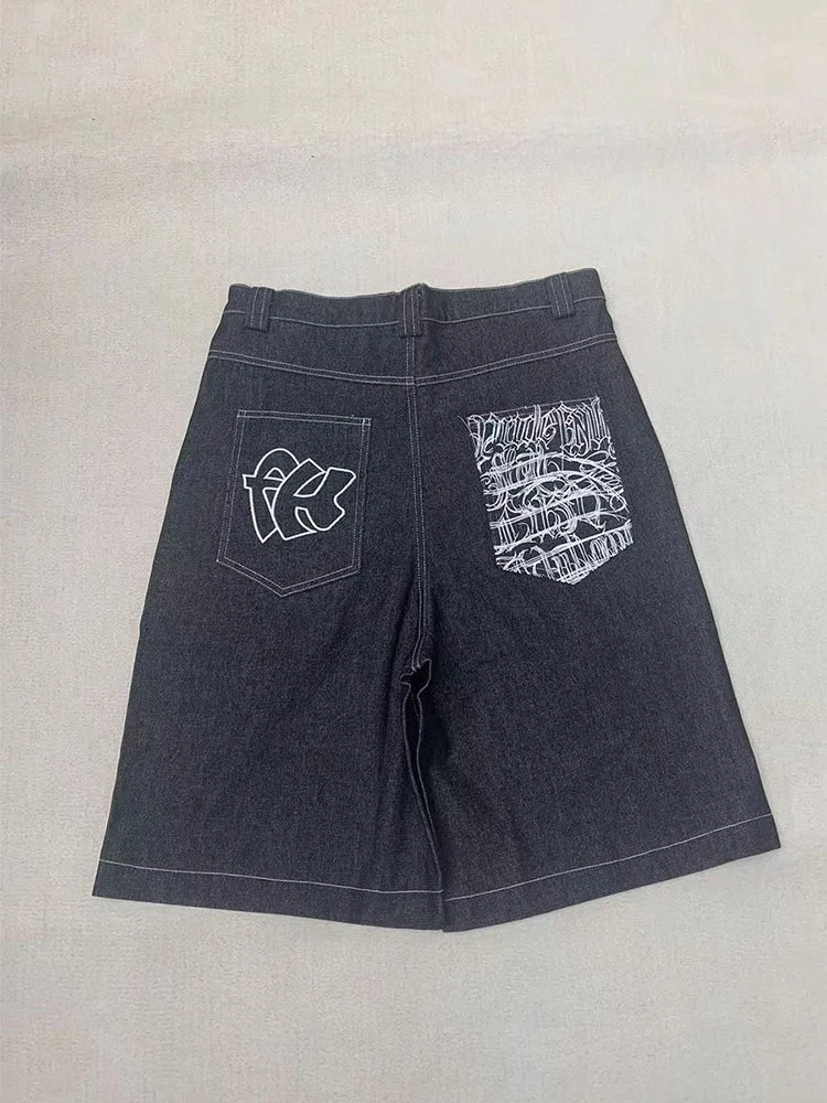 Y2K Hip Hop Embroidered Knee Length Jeans Casual Baggy Oversize High Waist Denim Shorts Retro Harajuku Wide Leg Shorts Plus Size