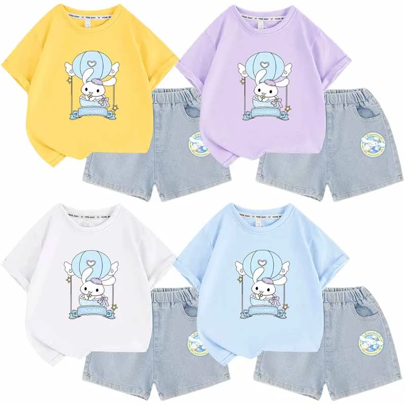 

Sanrios аниме мультфильм Cinnamoroll Детская летняя одежда с коротким рукавом джинсовые шорты костюм милые для девочек Топы футболка брюки