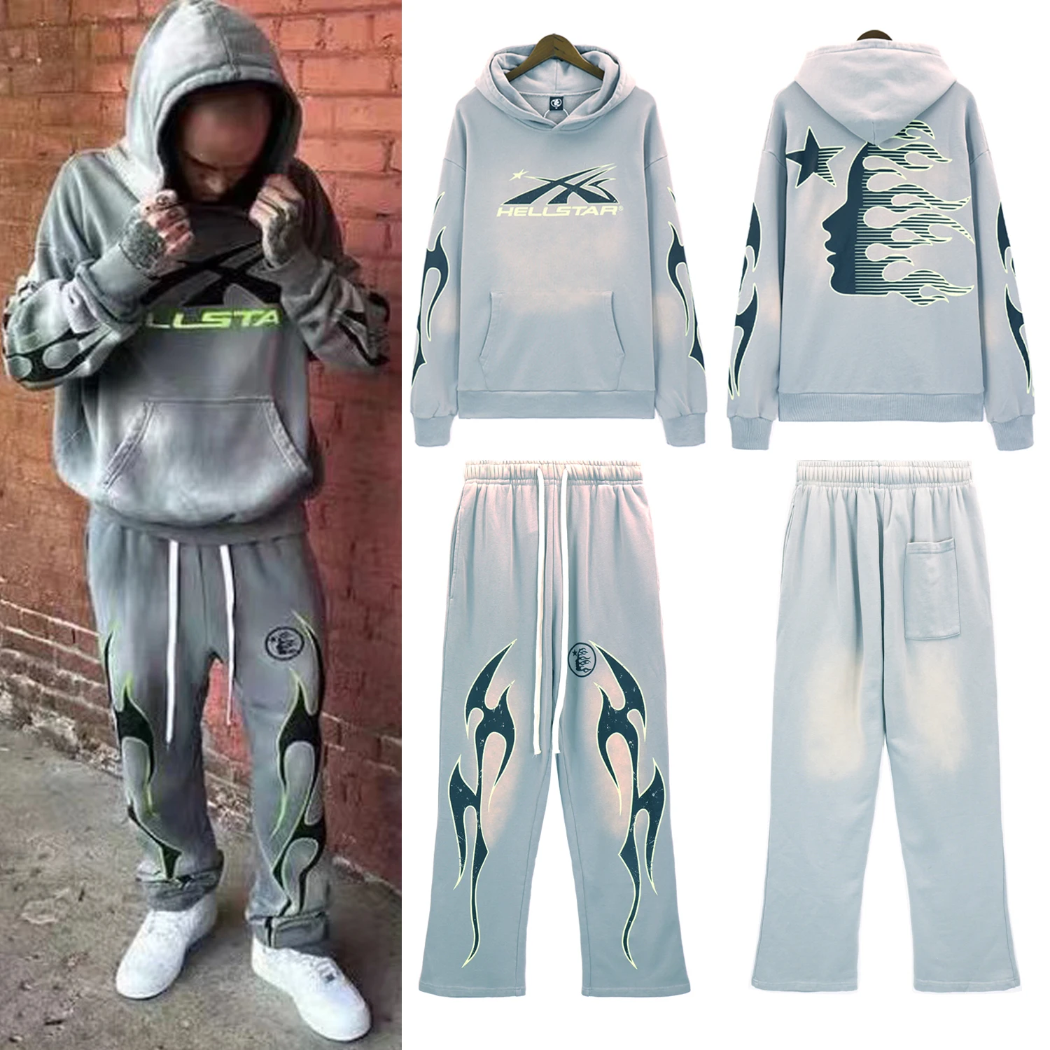 

Hellstar 2023 High Street hip hop retro wash to do old casual mud print tracksuit pants hooded couple hoodie