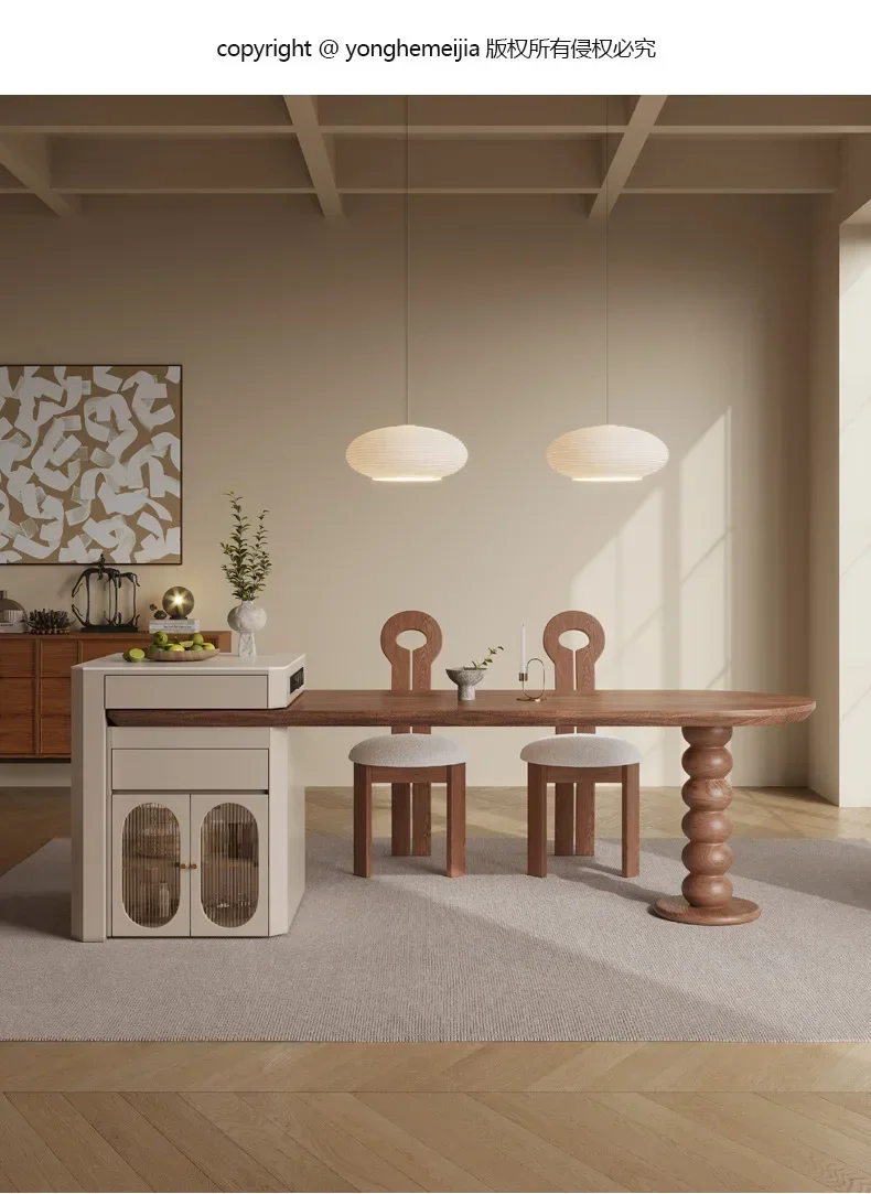 Vintage Kitchen Island Dining Table Set 6 Chairs Integrated Household Retractable Solid Wood Dining Stone Plate Dining Table