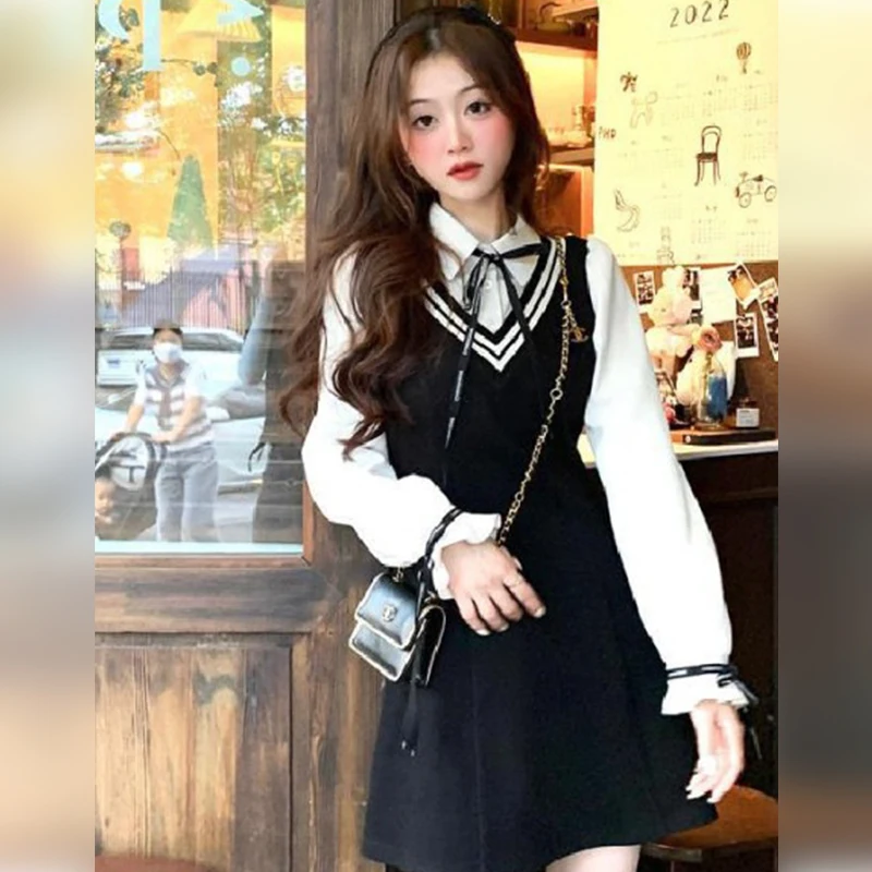 2025 Spring and Autumn New Splicing Shirt Collar Fake Two piece Dress Gentle Slimming Small College Style Long Sleeve Skirt 2