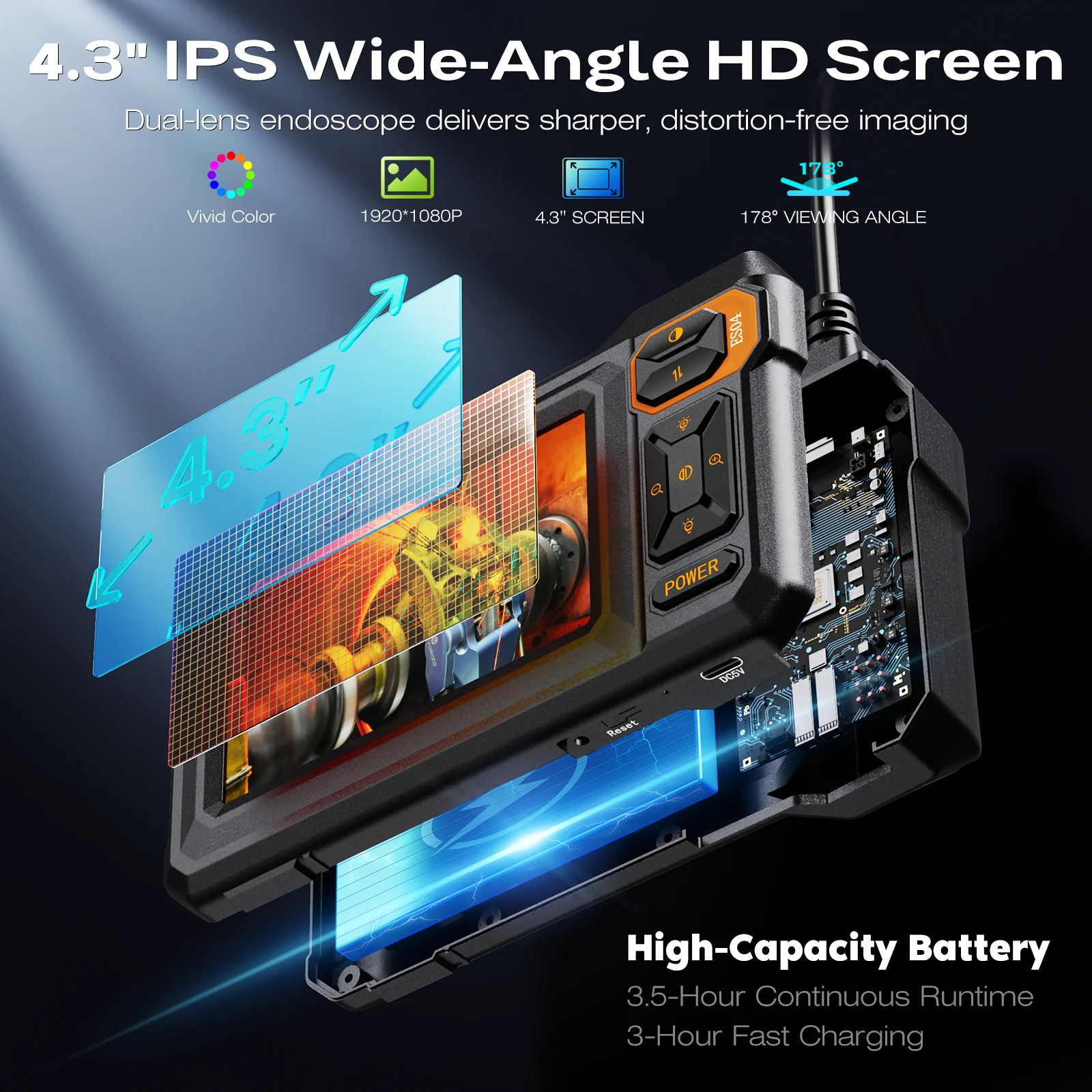 Endoscope Camera 4.3 Inch Screen 1080P HD Industrial Endoscope Camera IP67 Water