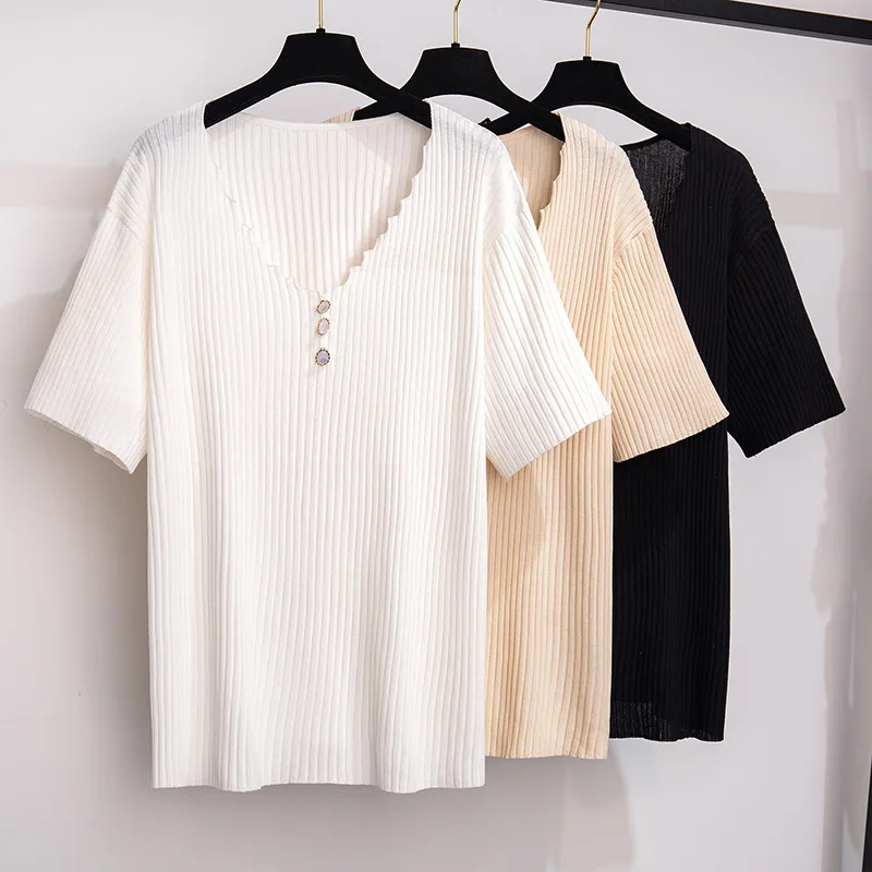 

160Kg Plus Size Women's Bust 160cm Summer Loose Ice Silk Knit V-Neck Thin Top Black White Apricot 5XL 6XL 7XL 8XL 9XL 10XL