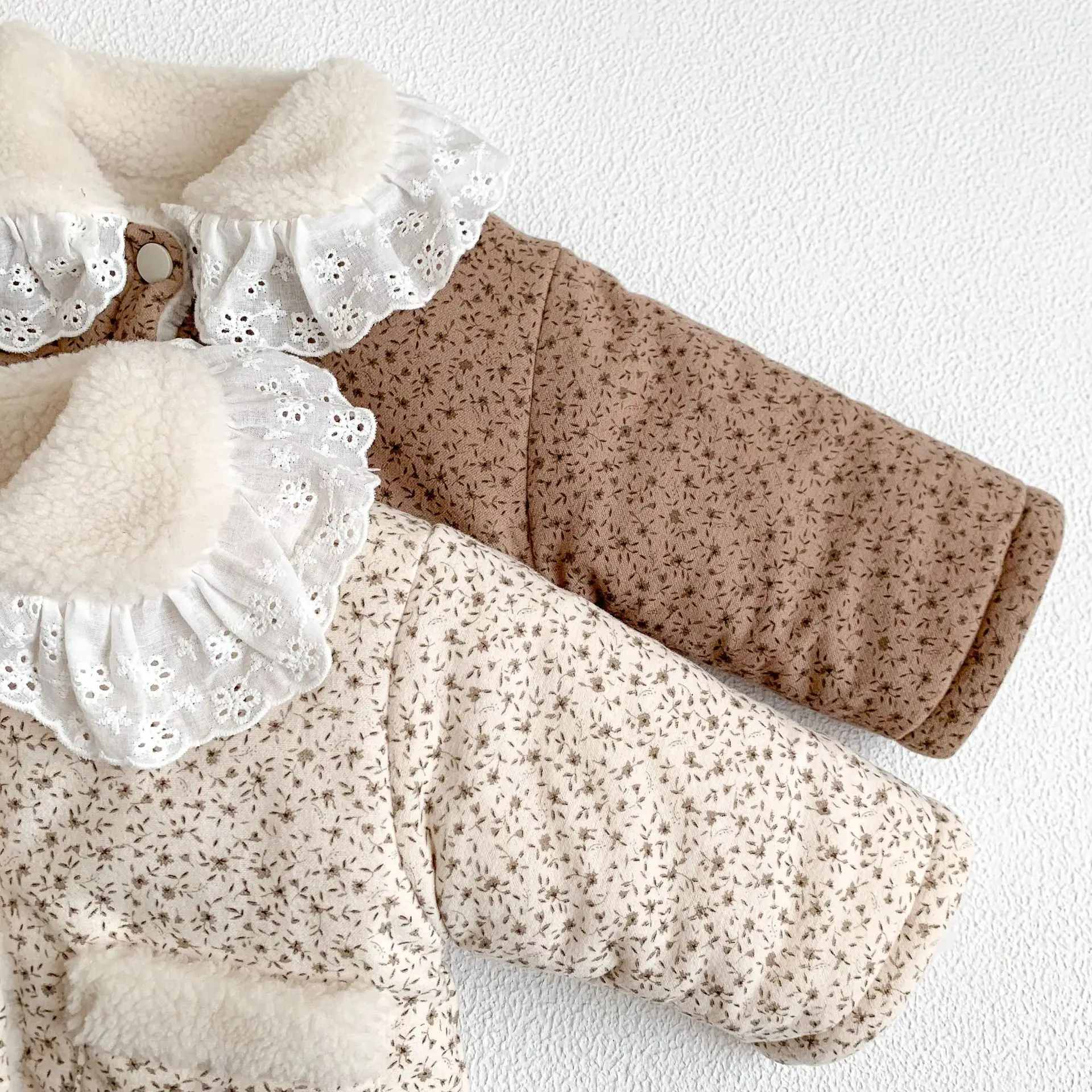 VISgogo Baby Girl Winter Clothes Cotton Coat Korean Style Floral Doll Collar Plus Velvet Thick Coat Baby Cotton Jacket Top