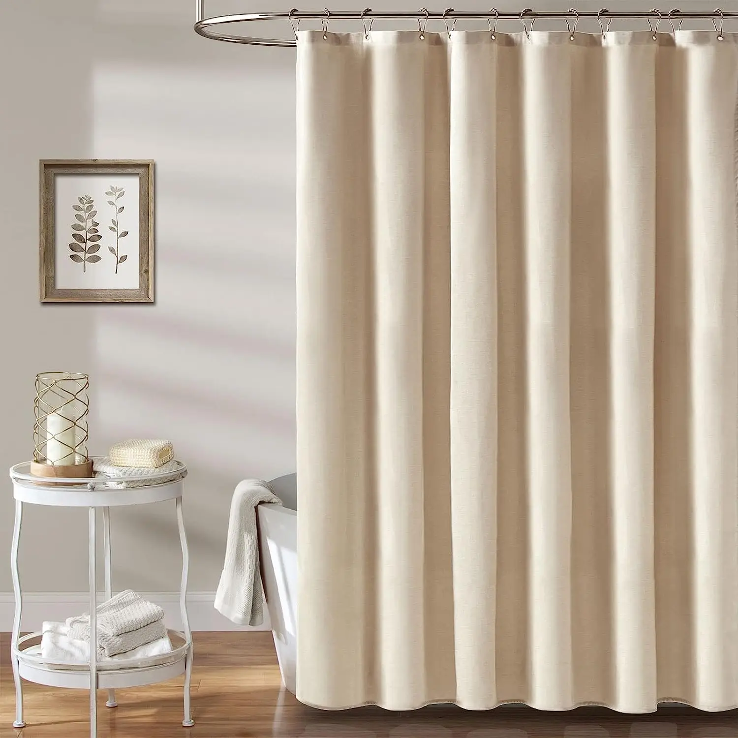 Linen Shower Curtain Bathroom Waterproof Thick Fabric Bath Curtains Bathtub Large Bathing Cover with Silver Metal Hooks