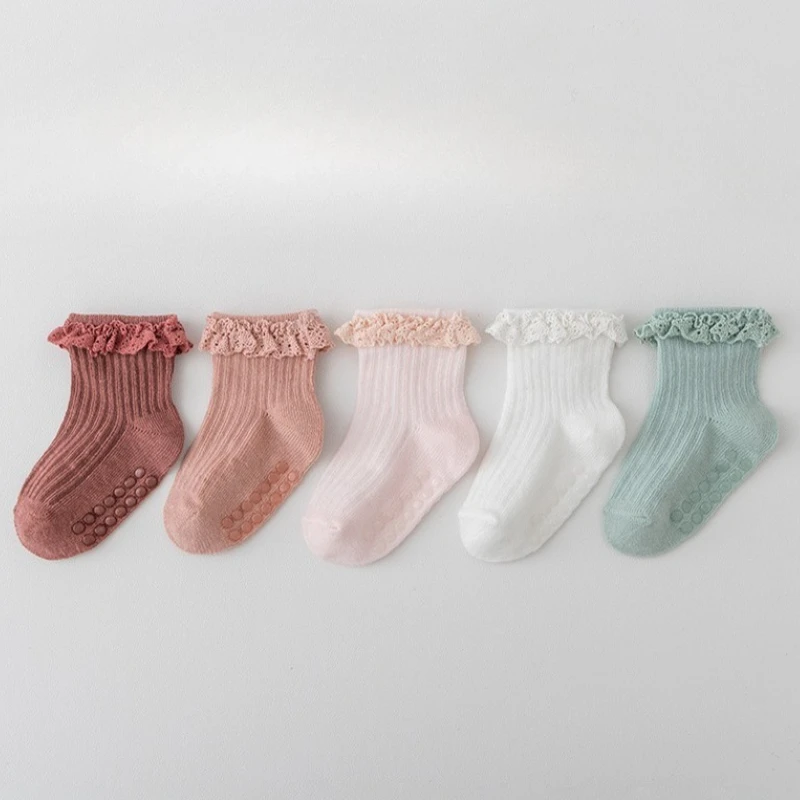 Baby Children's Non-slip Autumn Winter Cotton Socks Solid Color Baby Foot Socks Girls Breathable Ruffled 3/5Pair/Lot