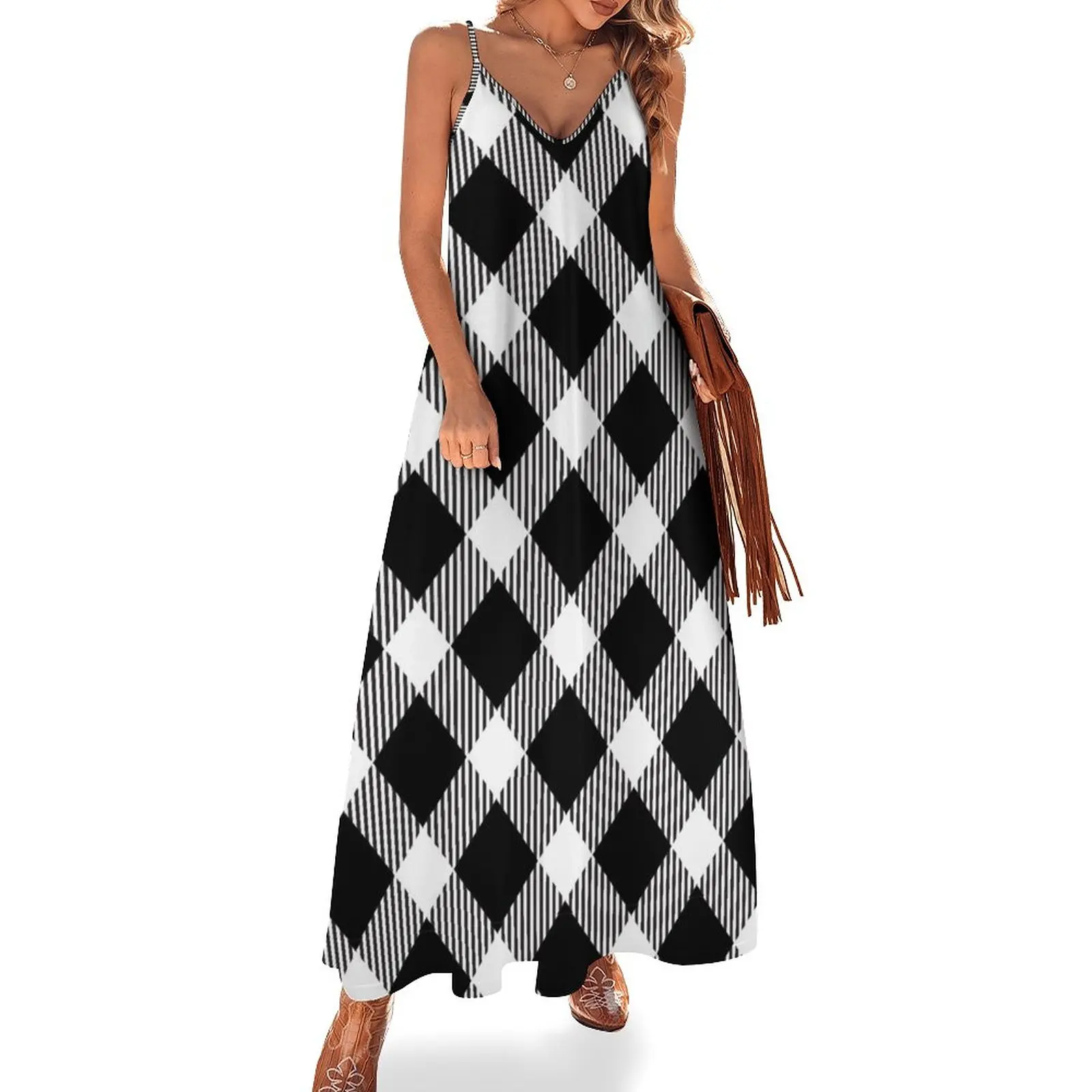 

New 65 MCMLXV Oversized Diagonal Black Gingham Plaid Pattern Sleeveless Dress women's summer dresses 2023 Women's summer skirt