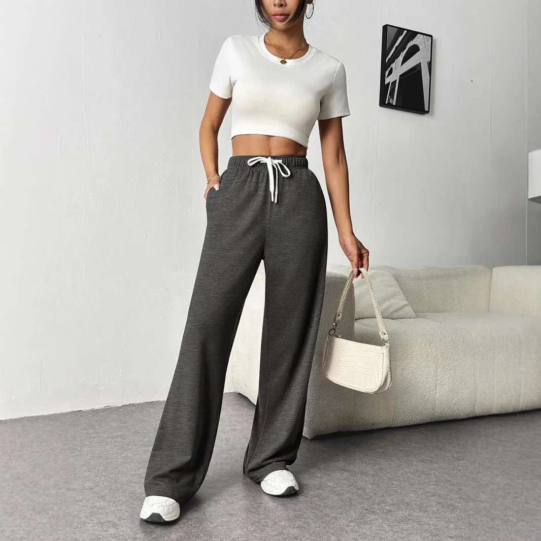 Lazy Style Wide Leg Pants with Women's Pockets Loose Drawstring Sports and Casual Floor Pants 5