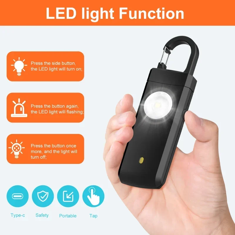 안전 경보가 있는 자기 방어 LED 손전등, USB 충전식 키체인 조명, 보호 용품, 여성 야외 경보