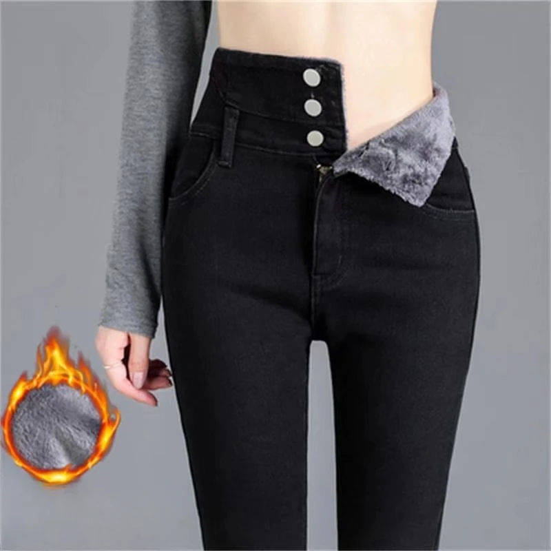 High Waist Fleece-lined Jeans Women New Autumn Winter Slim Fit Slimming Black Tight Pencil Pants Korean Solid Color Pants Y2k