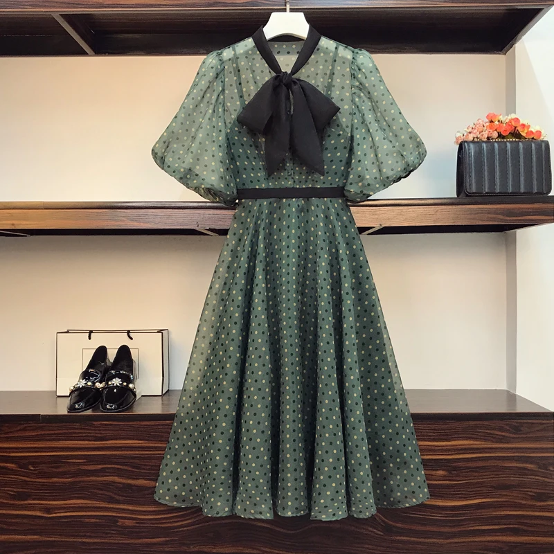 

4XL size vintage design elegant dresses Summer bow collar polka dot print chiffon dresses puff sleeve korean office ladies robe