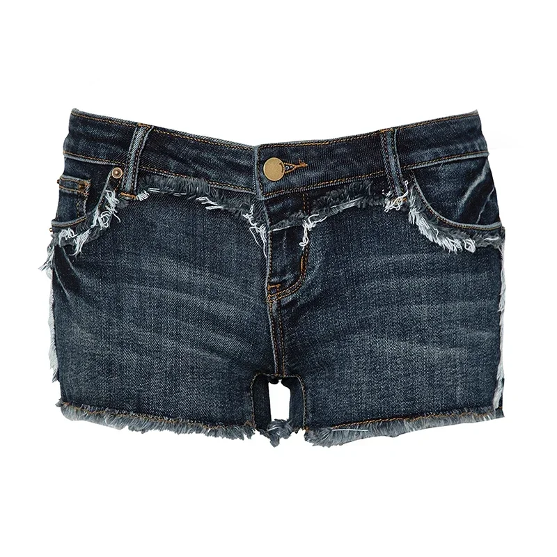 Denim Shorts Women\'s Dark Blue Frayed Waist Wear-Resistant Washed Cotton Stretch Fashion Casual Retro Mid-Low Waist Sexy Summer