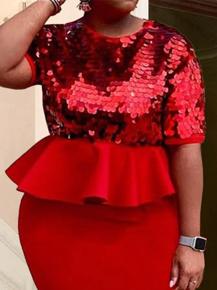 Red Sequined Tops for Women O Neck Half Sleeves Ruffles High Waist Peplum Blouses Evening Cocktail Party Pullover Shirts 4XL royal blue a line maternity dresses v neck maternity photography half sleeves puffy ruffles pregnancy women dress babyshower