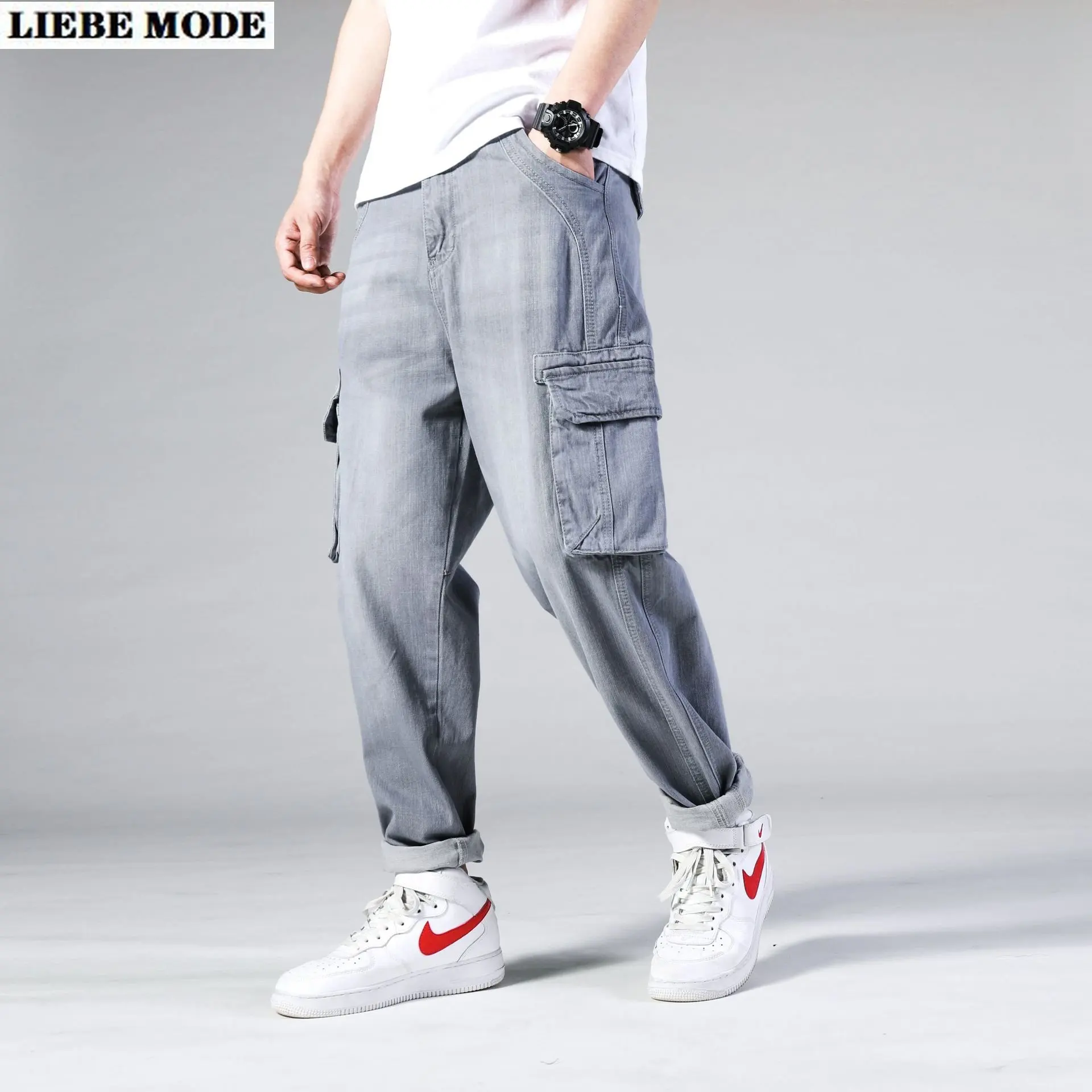 

Plus Size Hip Hop Baggy Jeans Men Streetwear Loose Denim Pants Wide Leg Straight Grey Skateboard Trouser Oversized Jeans Hombre