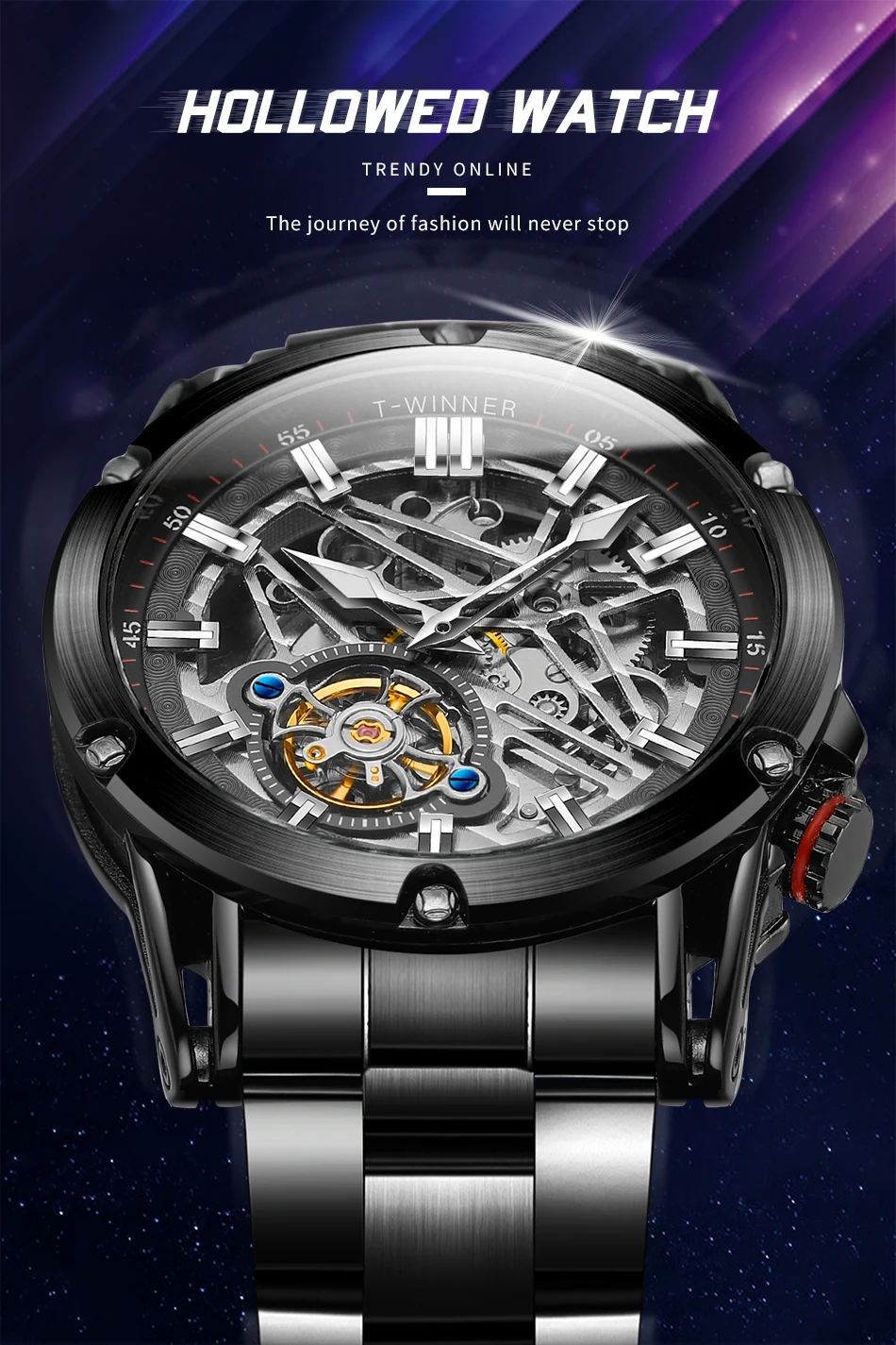 Orologio da uomo di lusso di alta qualità WINNER, grande, in acciaio inossidabile, con scheletro, tourbillon, movimento automatico, orologio meccanico militare maschile_voghion.com