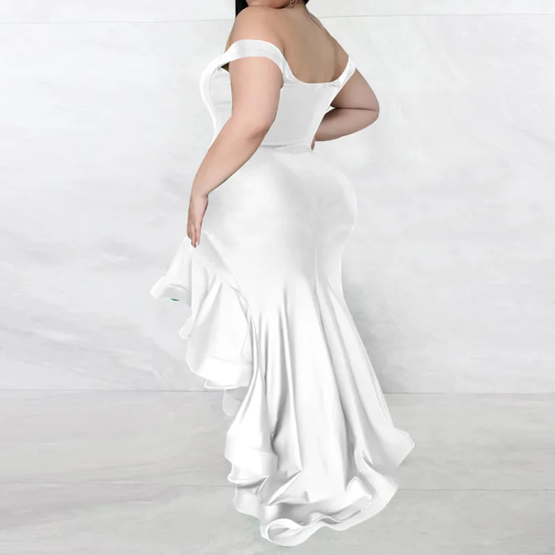 Plus Size Women Clothing Off Shoulder Solid Ruffles Patchwork Evening Party Sexy Tube Top Zipper Sleeveless Irregular Dress