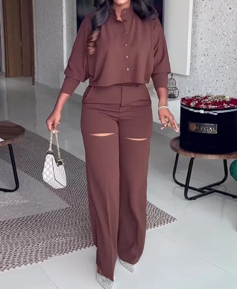 Women's New Fashion Hot Selling 2023 Temperament Commuter Elegant Polo Collar Long Sleeve Shirt Wide Leg Pants Casual Set hot selling women s jumpsuit 2023 new style temperament commuter fashion casual summer sexy v neck pocket strap wide leg pants