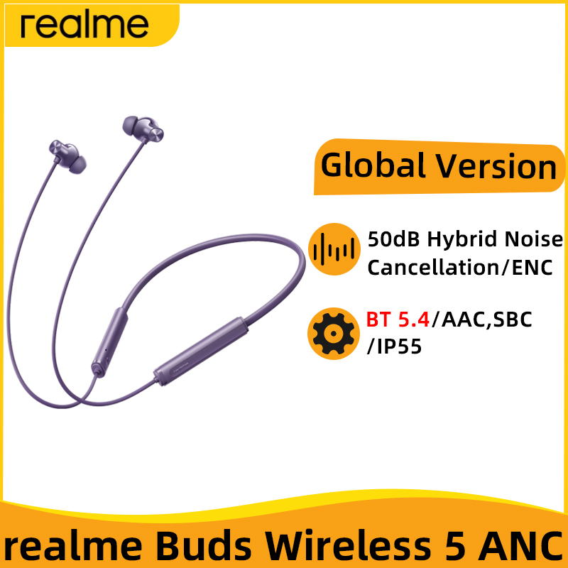 Global Version realme Buds Wireless 5 ANC 50dB Hybrid Noise Cancellation Wireless Earbuds Bluetooth 5.4 Headphone IP55