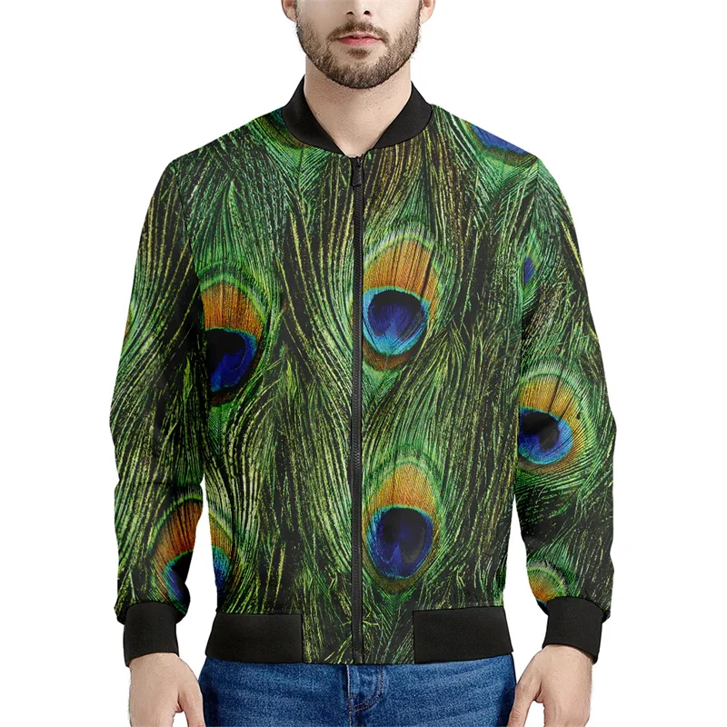 thumbnail image 1 of Chaqueta con cremallera y estampado de plumas de pavo real para hombre, chaqueta con cremallera y estampado floral en 3D, sudadera con capucha para primavera y otoño, 1 of 5