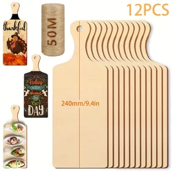 Rustic Mini Wooden Cutting Board Set with Hemp Rope Handle - Decorative Paddle Boards for DIY Crafts and Seasonal Home Decor (12pcs-50m hemp rope)