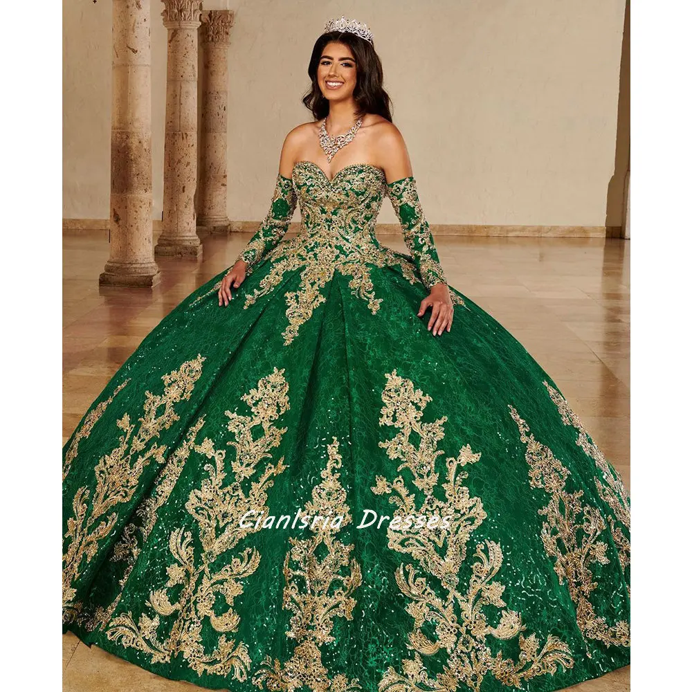 

Green Detachable Long Sleeve Ball Gown Quinceanera Dress With Gold Appliques Ruffles Vestido De 15 Anos Sweet 16 Prom Party Gown