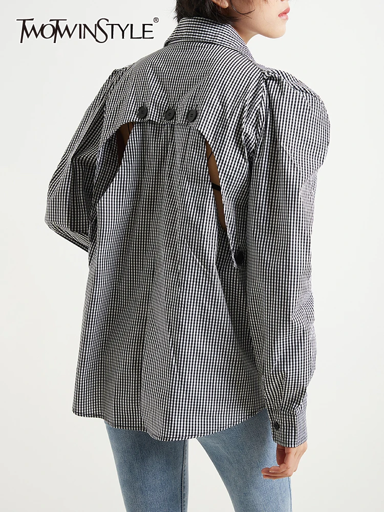 

TWOTWINSTYLE Solid Patchwork Single Breasted Blouses For Women Polo Neck Long Sleeve Hollow Out Chic Blouse Female Fashion 2023