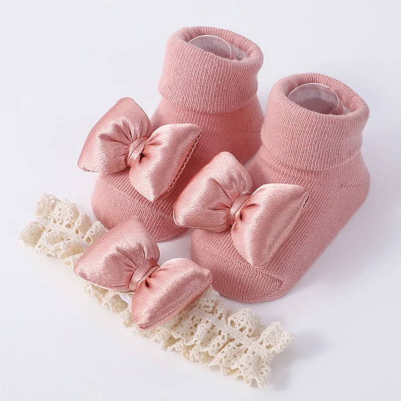  소녀 공주 머리띠 양말 세트, 달콤한 활  양말, 신축성 헤어 밴드, 미끄럼 방..