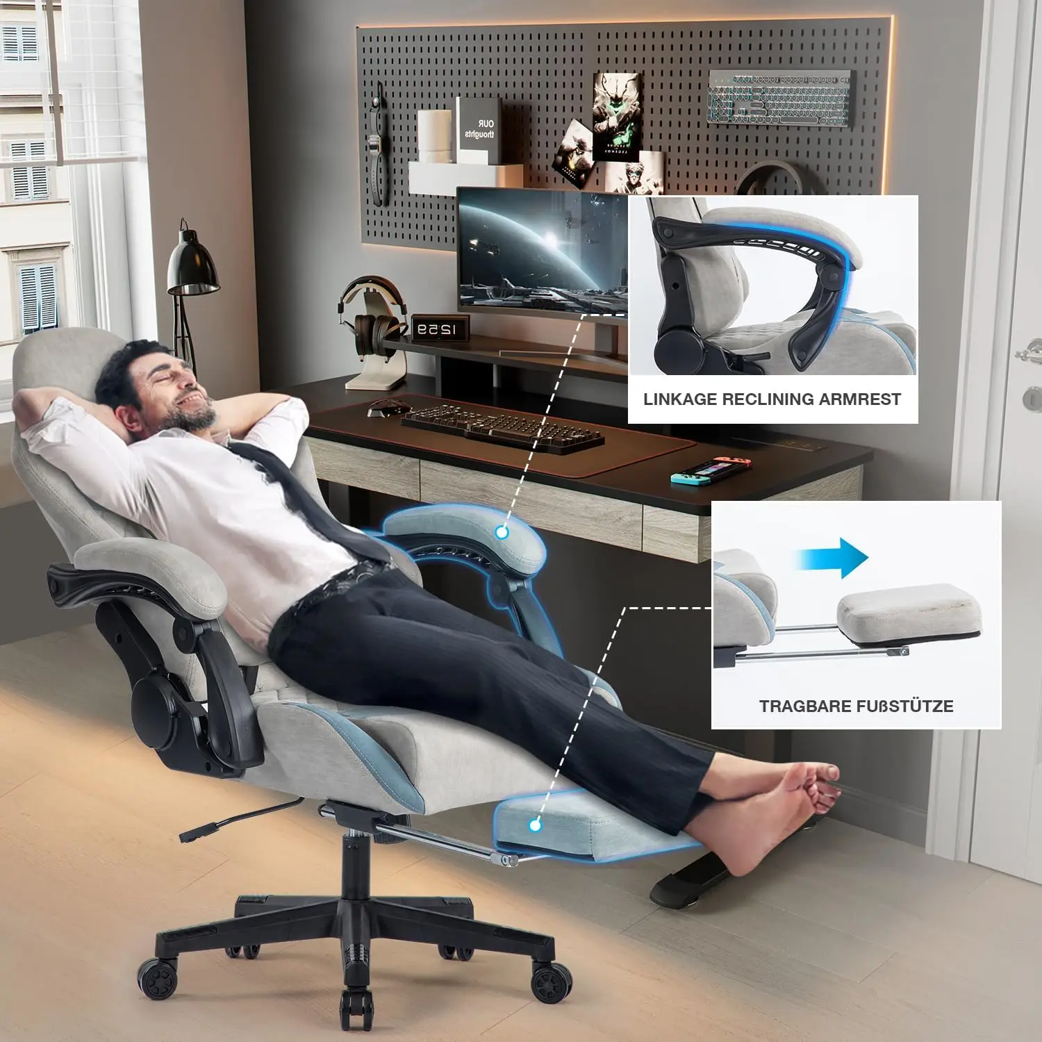 Chaise Gaming Grise 150 kg avec Accoudoirs Auto-Réglables et Repose-Pieds 2