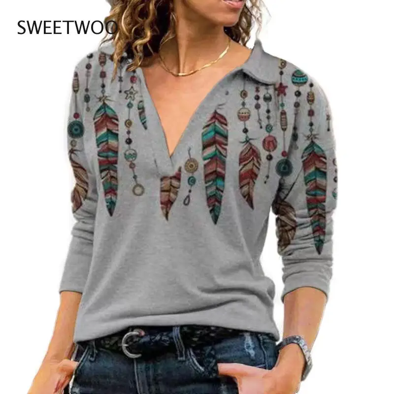 

Autumn Vintage Clothes Women Casual Loose Print Turn Down Collar Long Sleeve V-Neck Top Shirts Femme Pullover T-Shirt Basic