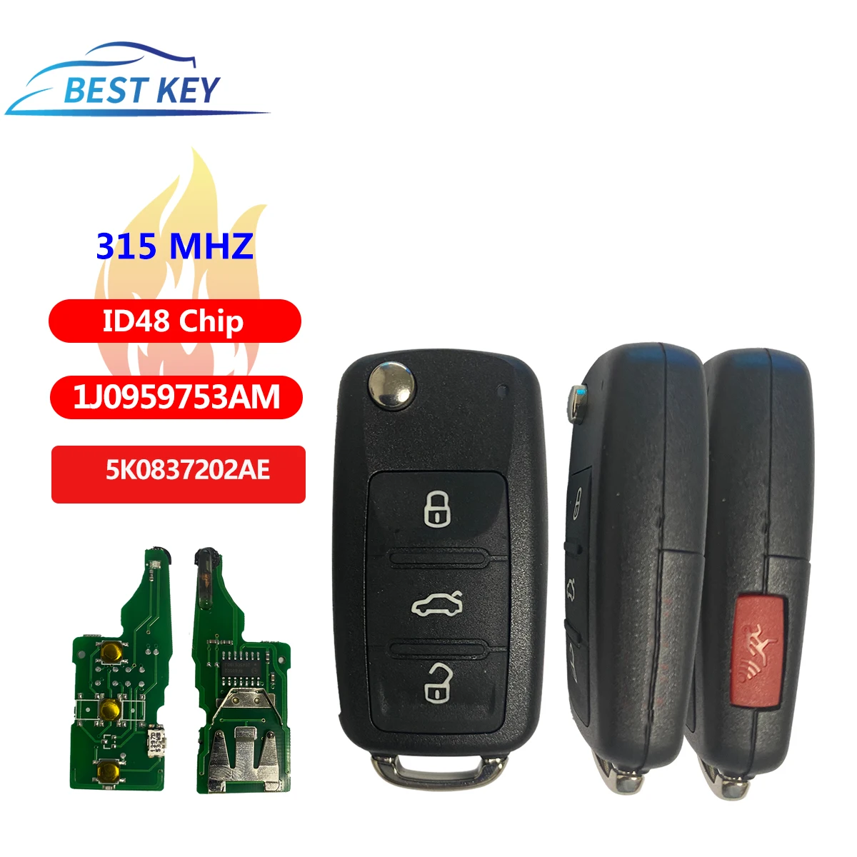 BEST KEY 1J0959753AM Car Remote Key for VW Beetle Golf Passat Jetta 1J0 959 753 AM 5FA008399-30 2000-2006 Key Fob 315Mhz ID48