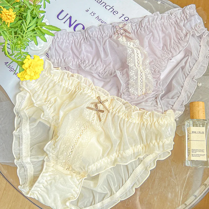 3XL Plus Size Women Ice Silk Panties Bow Ruffles Lolita Princess Style Underwear Candy Color Briefs Image 2