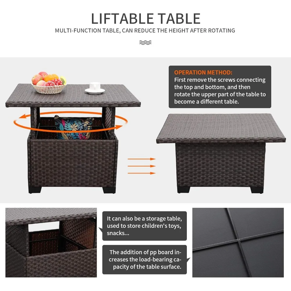 Outdoor Patio Dark Brown Rattan 7 Piece Sectional Set PE Wicker Conversation Sofa with Liftable Storage Table, Non-Slip 5" Thick 3