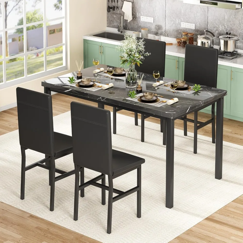 Dining Table Set for 4, Space Saving Kitchen Table and Chairs Set of 4,5 Piece Modern Dining Room Table Set with Faux Marble Top 3