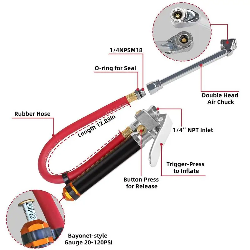 Duals Foot Tire Clamp Inflator With 12" Hose 120 PSI Truck And Car Semi Inflator Handheld Car Air Tire Pressure Filler For