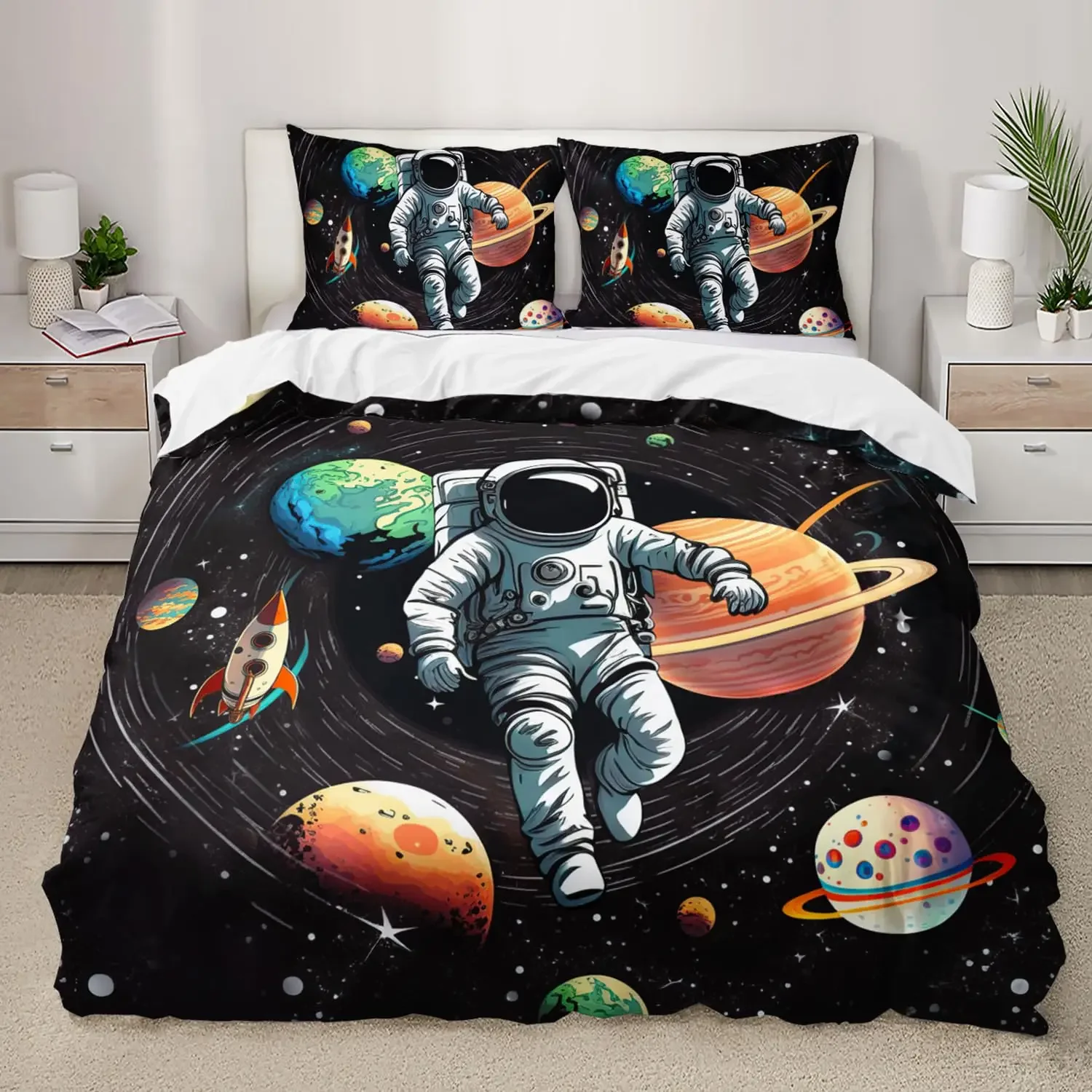 Astronaut Duvet Cover Set Cartoon Space Astronaut Decor Bedding Set Soft Breathable Comforter Cover with Pillowcase with Zipper