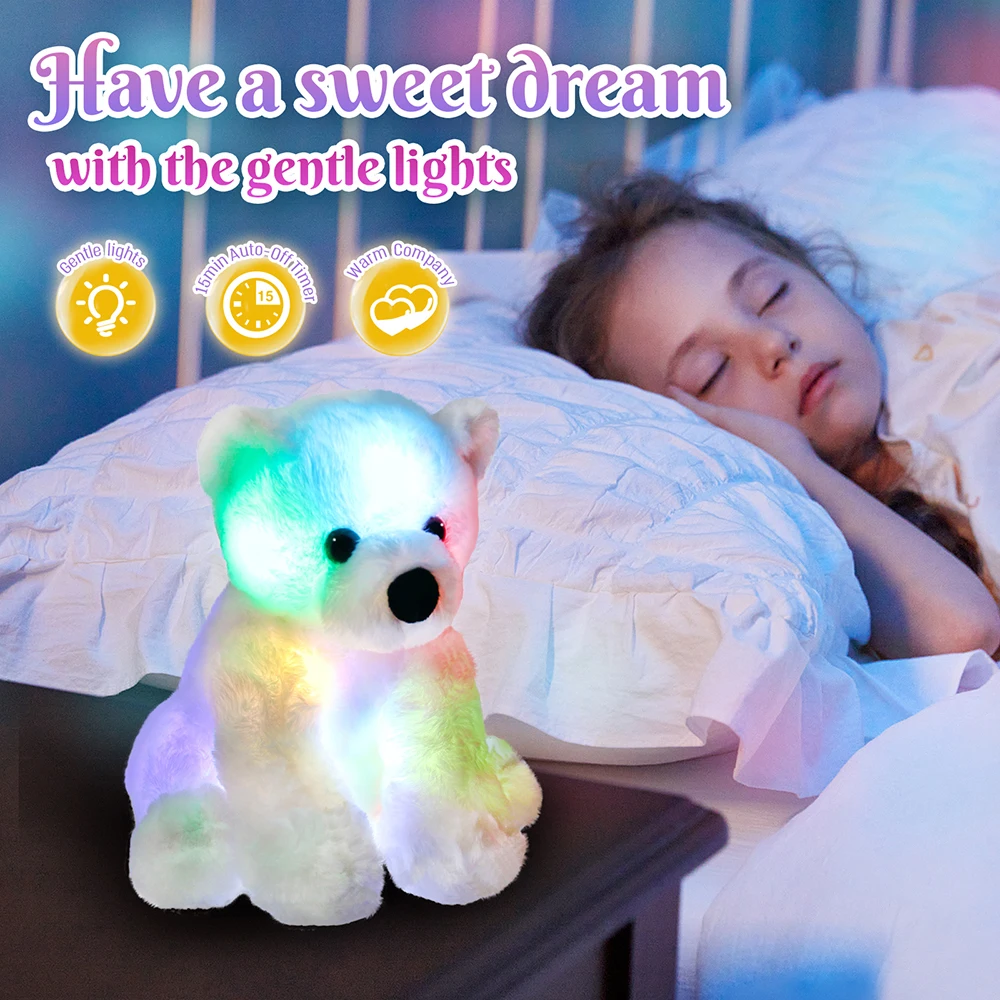 25cm LED Stuffed Animals Plush Floppy Toy Cute Polar Bear Dolls Glowing Gift for Kids Christmas Birthday Festival Occasions
