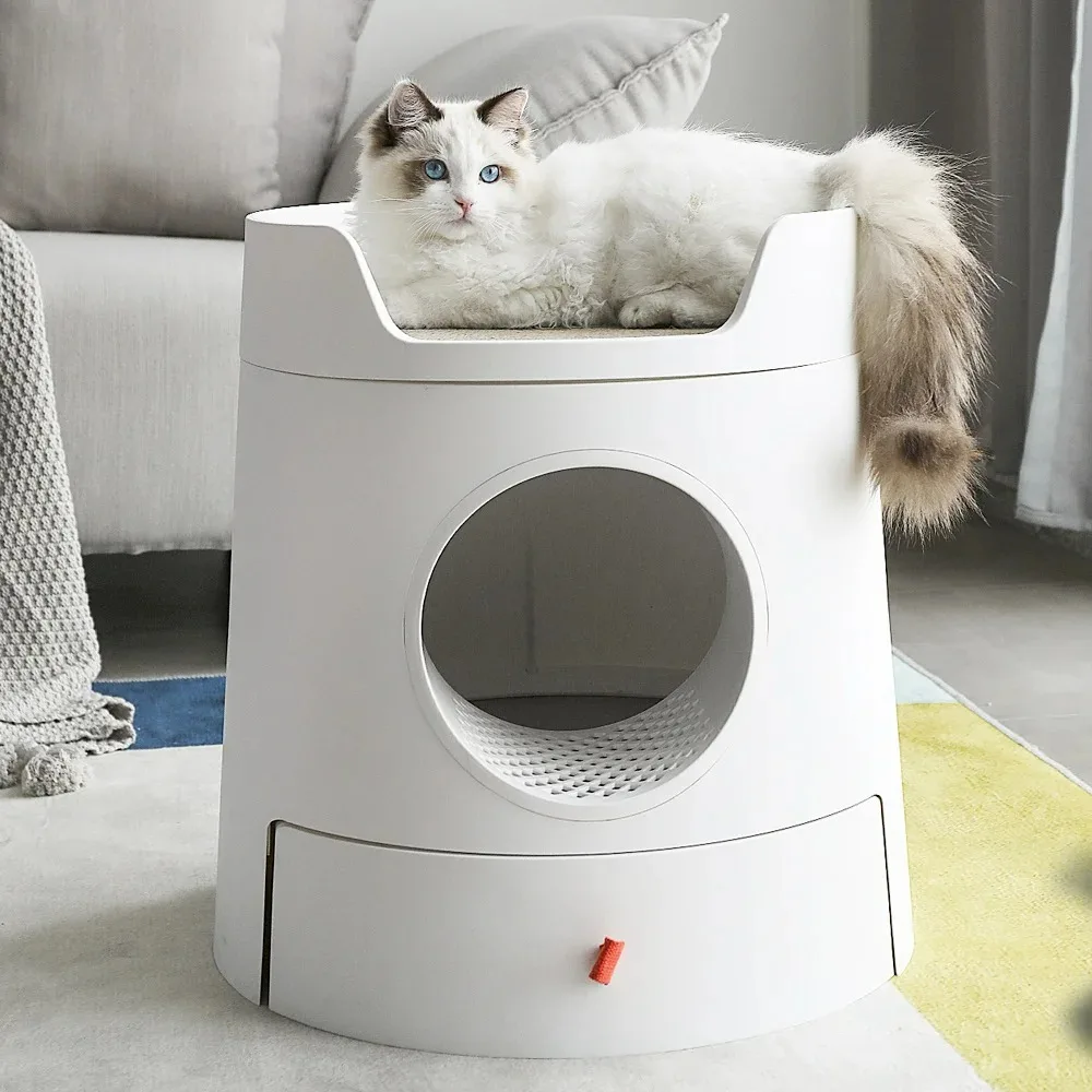 제조업체 화이트 원형 플라스틱 고양이 화장실 (청소 기능 포함)