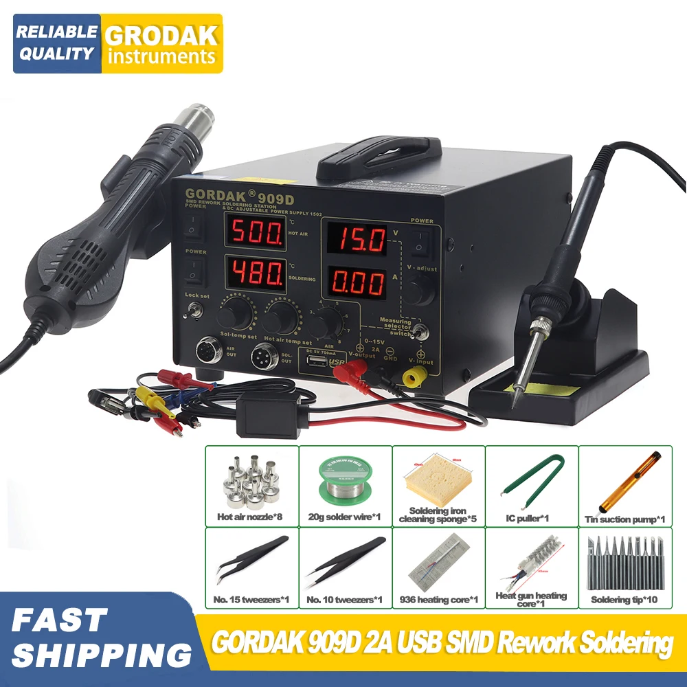 GORDAK 909D Soldering Station 2A USB SMD Rework Soldering Iron Station DC Power Supply 0-15V 0-2A 5V USB Charging Port soldering station soldering tool
