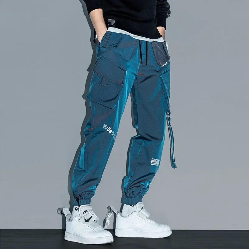 Men's Hip Hop Multi-Pocket Casual Trousers Fashion Laser Cargo Pants Streetwear Solid Sweatpants Elastic Waist Loose Harem Pant