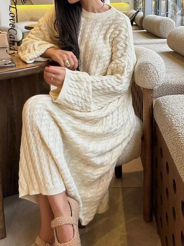 

Casual Solid Pleated Knitted Dress For Women Elegant Round Neck Loose Warm Robes 2023 Autumn Female Chic Office Vestidos