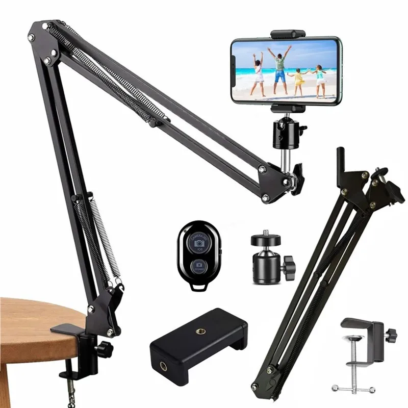 Treppiede con braccio flessibile per supporto telefono da tavolo, pieghevole, con ancoraggio a 360° ° Supporto Girevole per Fotografia e Video da Tavolo per Laptop e Desktop - immagine 2