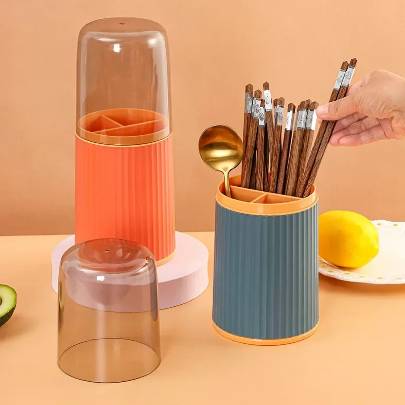 

3-Grid Tableware Drain Drying Holder With Lid Chopsticks Spoon Rack Standing Plastic Storage Container Kitchen Accessories