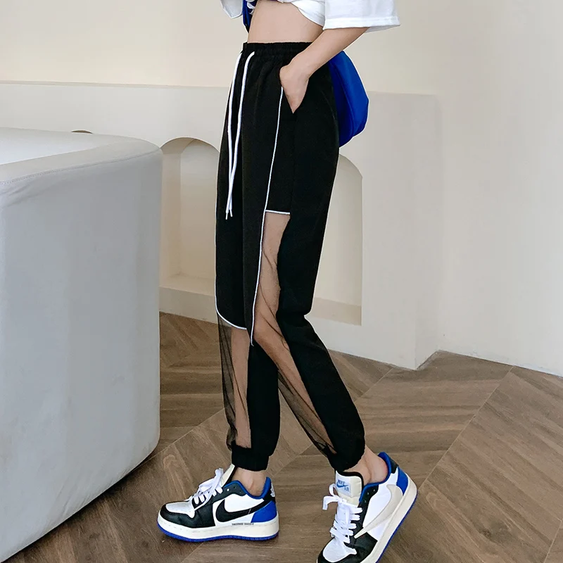 Spring Autumn Women's Summer Elastic High Waist Solid Drawstring Pockets Mesh Casual Sports Tied Lantern Trousers Vintage Pants