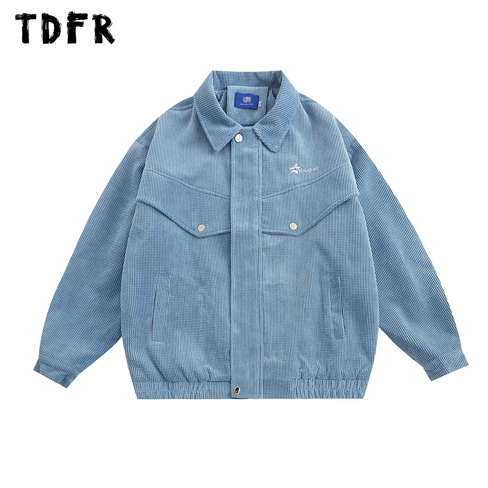 

Spliced Corduroy Jacket Mens Letter Embroidery Casual Streetwear Autumn Winter Loose Lapel Long Sleeve Spliced Outerwear Men