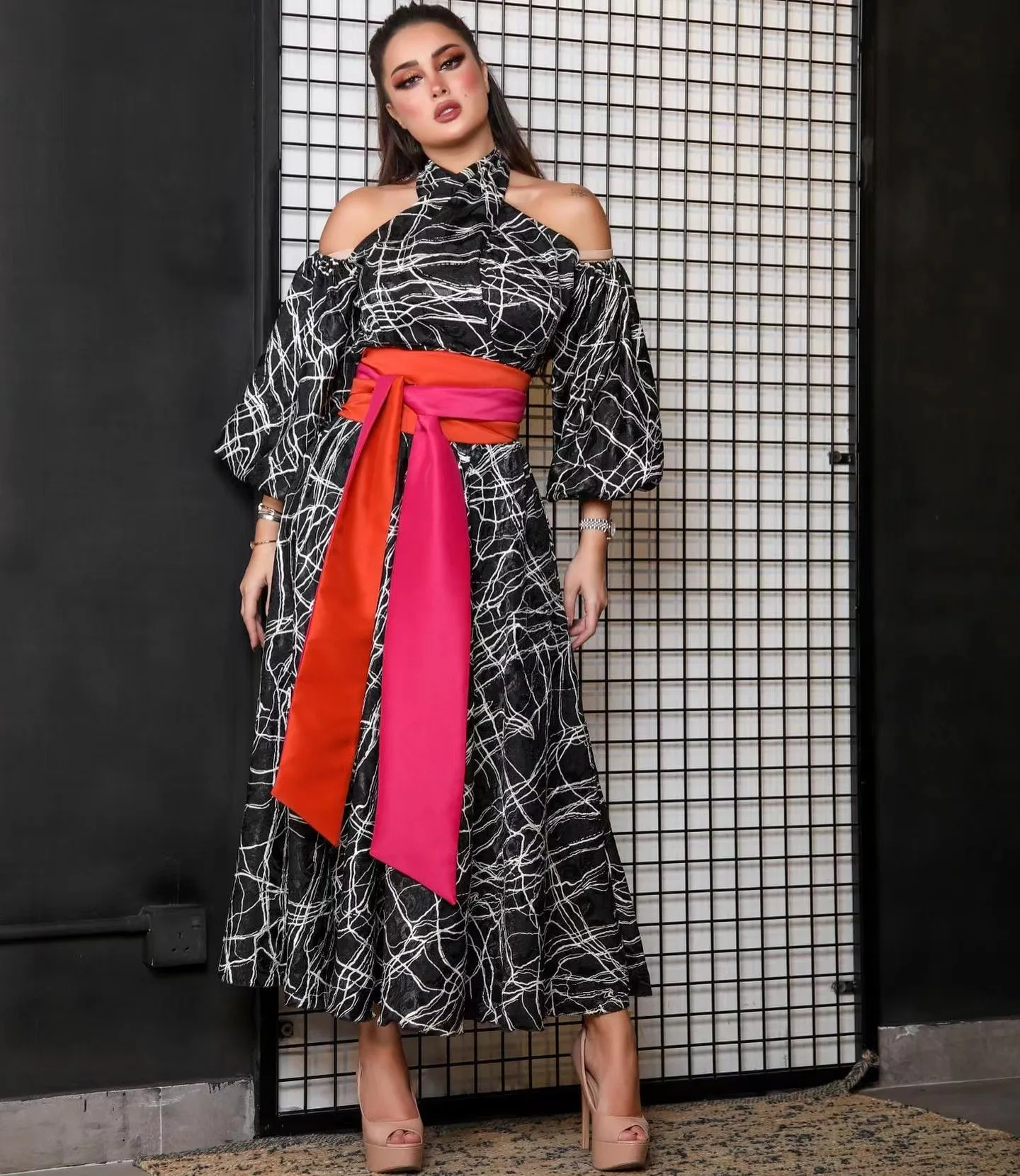 

Muslim Eid Women 2023 New Belt Print Dress Abaya Party Dresses Dubai Arab Turkey Ramadan Abayas Kaftan Vestidos Caftan