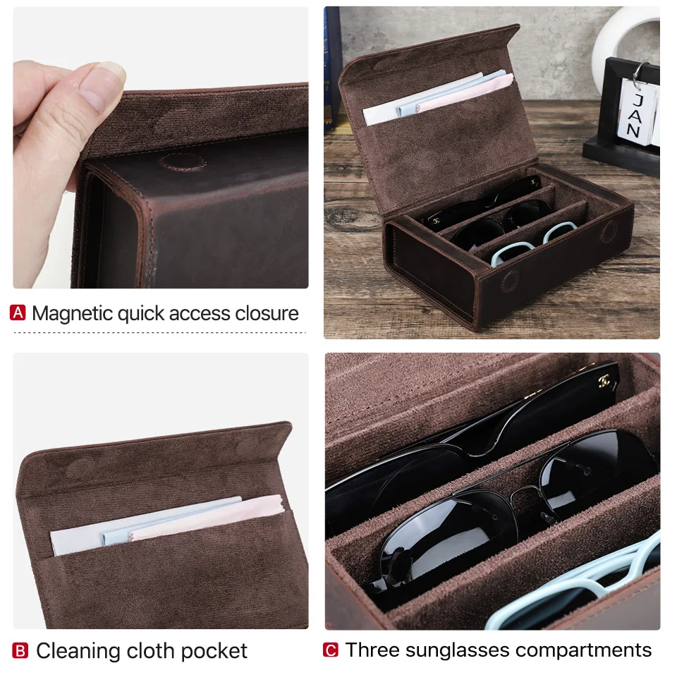 Echt leder 3 Slots Sonnenbrille Fall Frauen Männer Brillen Organizer Box Vintage Brillen Schutzbrille Box – Detail 10