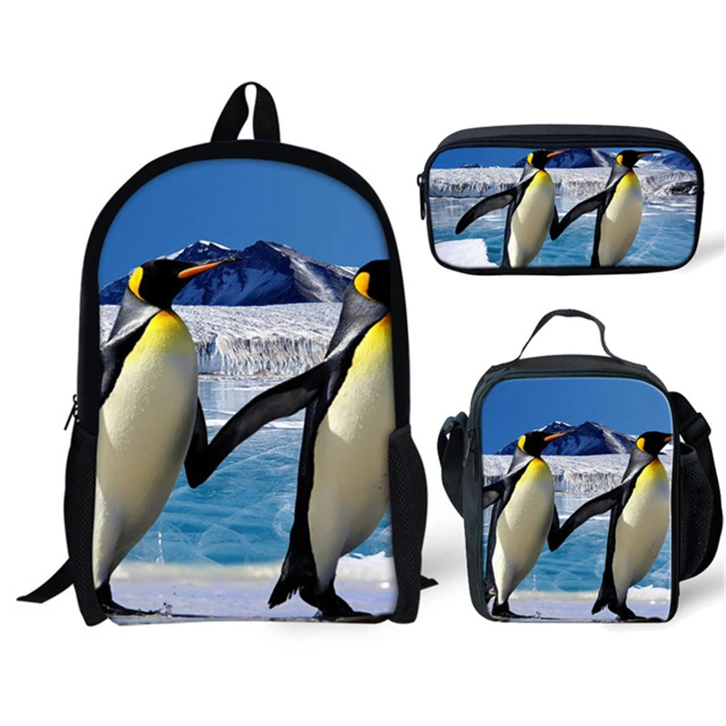 Classic Fashion Funny Cute Penguin 3D Print 3pcs/Set pupil School Bags Laptop Daypack Backpack Lunch bag Pencil Case