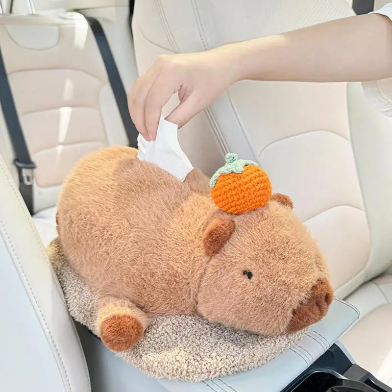 thumbnail image 1 of Caja de pañuelos de peluche 2 en 1 para coche, bonita caja de pañuelos elástica con forma de capibara de dibujos animados, accesorio para el interior del coche, 1 of 4