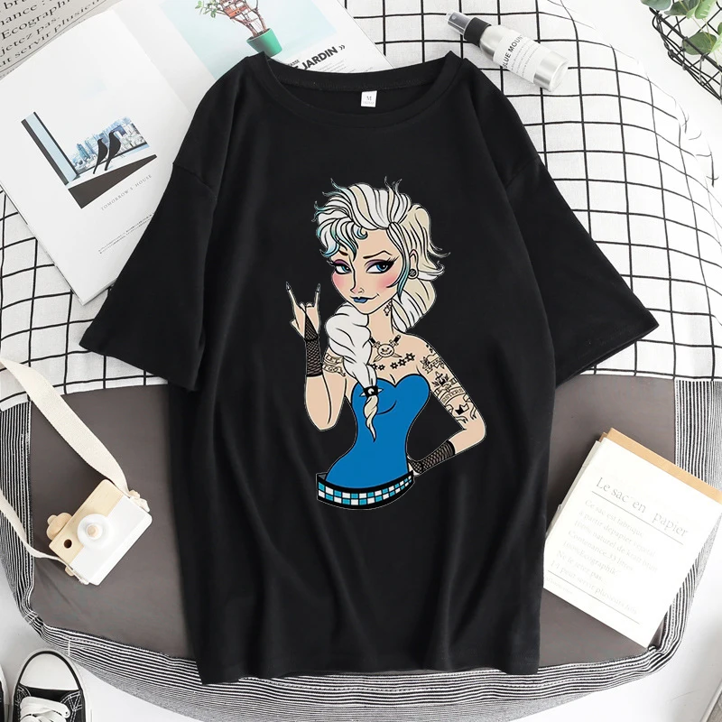 2022 New Alice In Wonderland T Shirts Womens Cotton Tops Black Alice Snow White Print Casual Short Sleeves 90s Fashion Top black t shirt for men