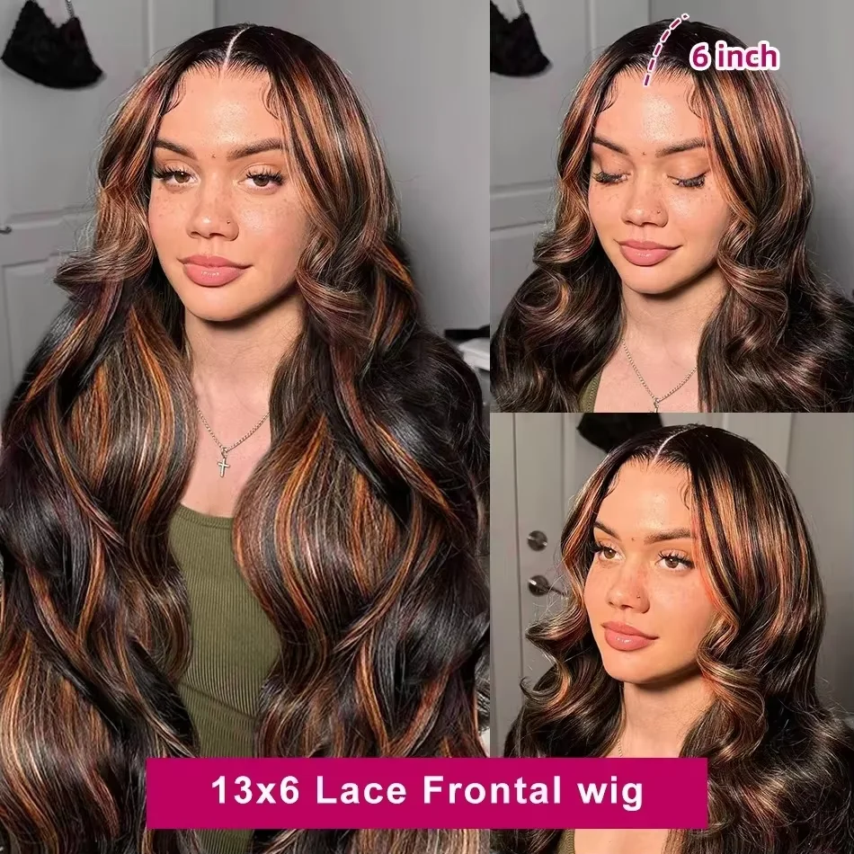 200% Density Ombre Highlight Body Wave 13x6 HD Lace Front Human Hair Wig Curly 1B/30 Black Brown Colored 13x4 Lace Frontal Wigs